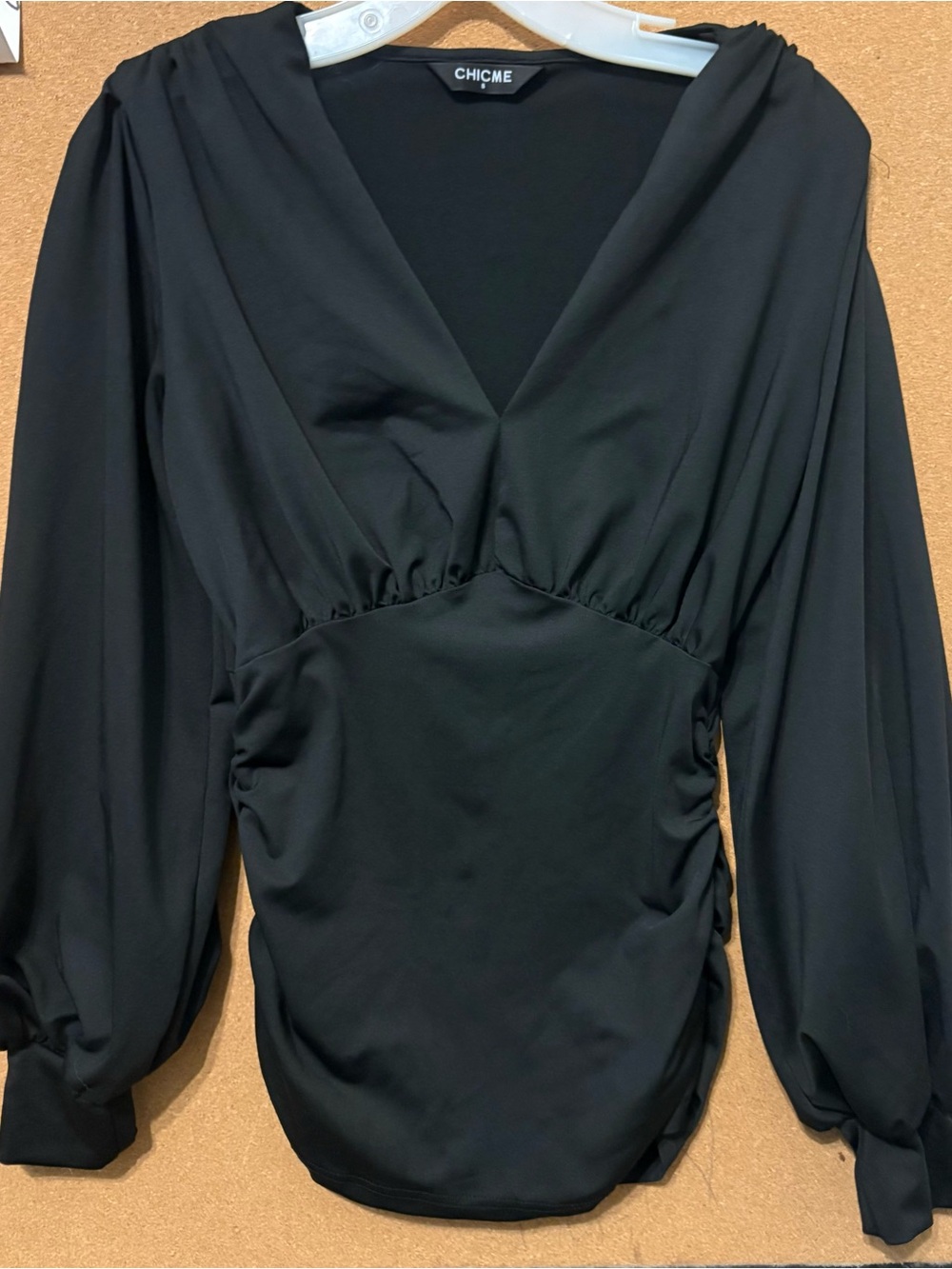 ChicMe Black V-Neck Long Sleeve Ruched Bishop Sleeve Satin Top Size S